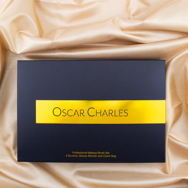 Pinceau de maquillage professionnel de luxe Oscar Charles 8 pièces et sac à cosmétiques de luxe. Or rose/noir